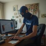 Un ladro in un ufficio sta rubando i dati da un PC.
