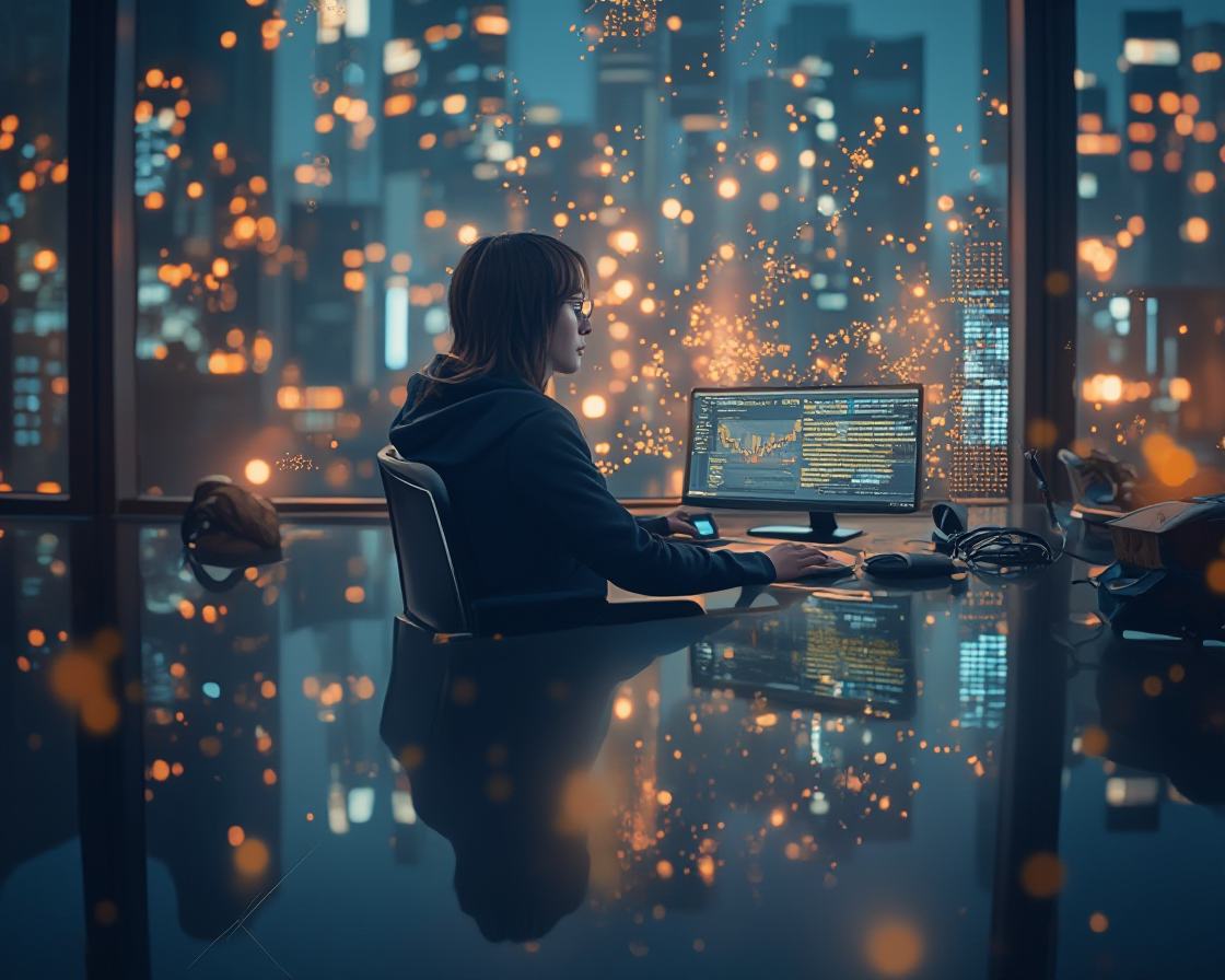 Ragazza in carrozzina che sta lavorando davanti a un PC in un ufficio.
