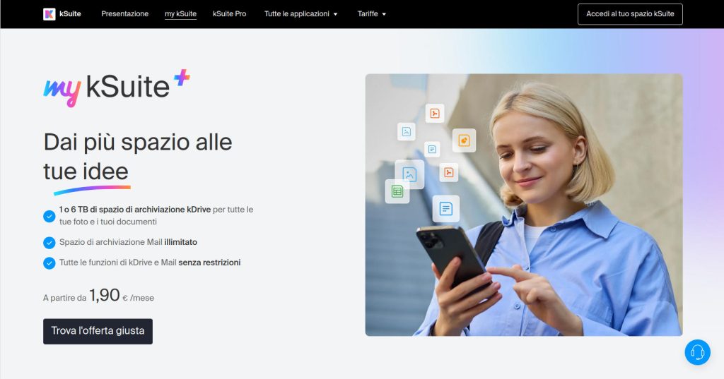 Screenshot pagina sito web Infomaniak dove viene illustrata l'offerta kSuite Plus.