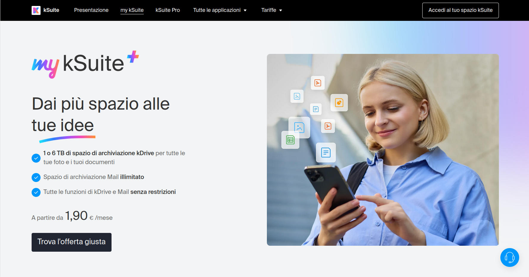 Screenshot pagina sito web Infomaniak dove viene illustrata l'offerta kSuite Plus.