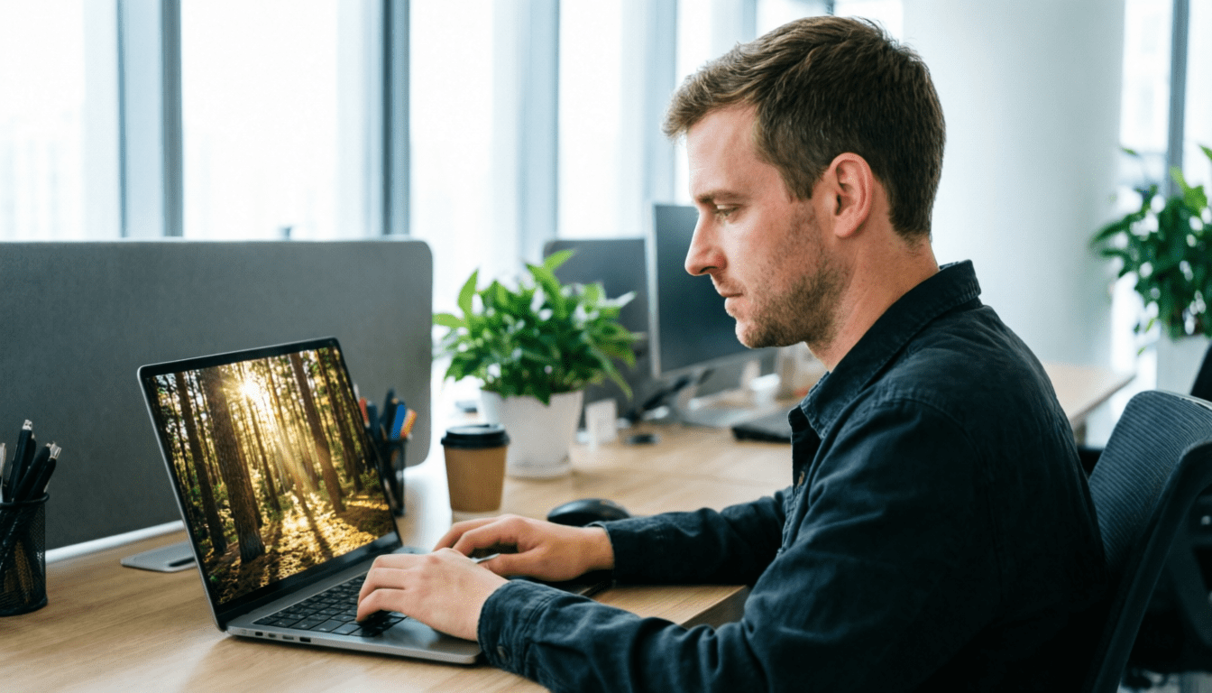 Un ragazzo giovane sta lavorando in un ufficio con il suo notebook.